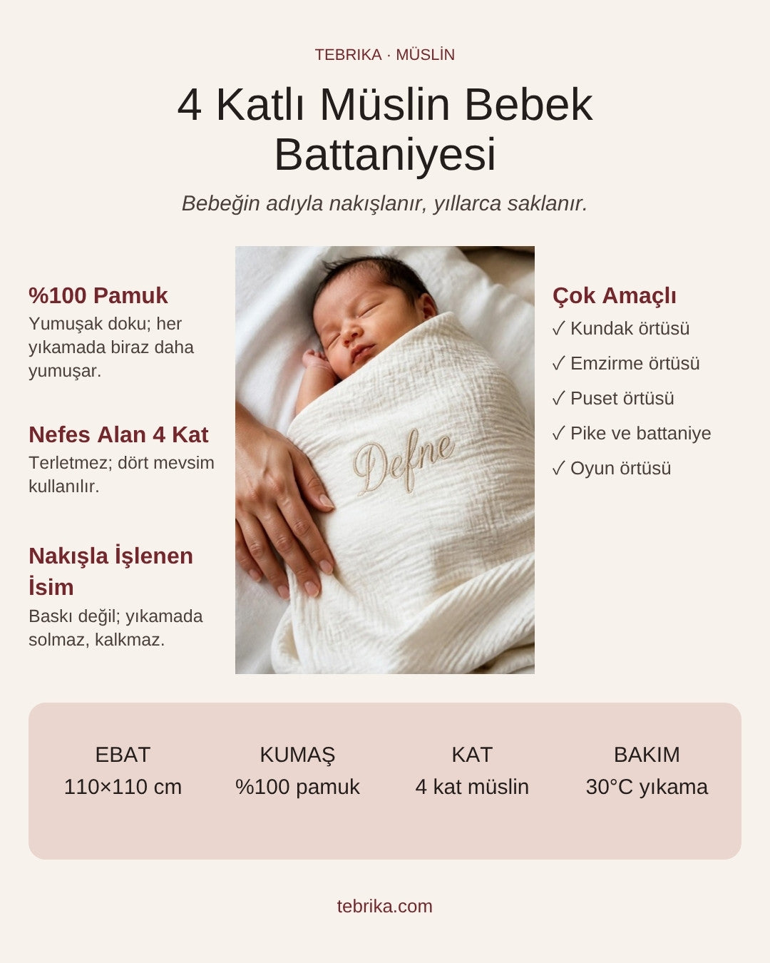 4 katlı müslin bebek battaniyesi: %100 pamuk, 110×110 cm, isim nakışı, kullanım alanları